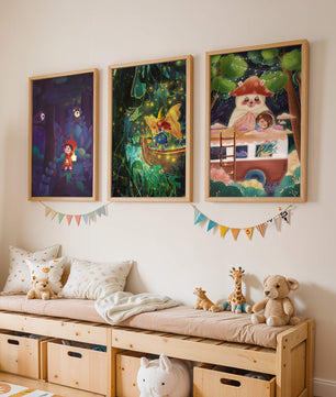 Triptyque d’illustrations fantastiques pour décoration enfantine