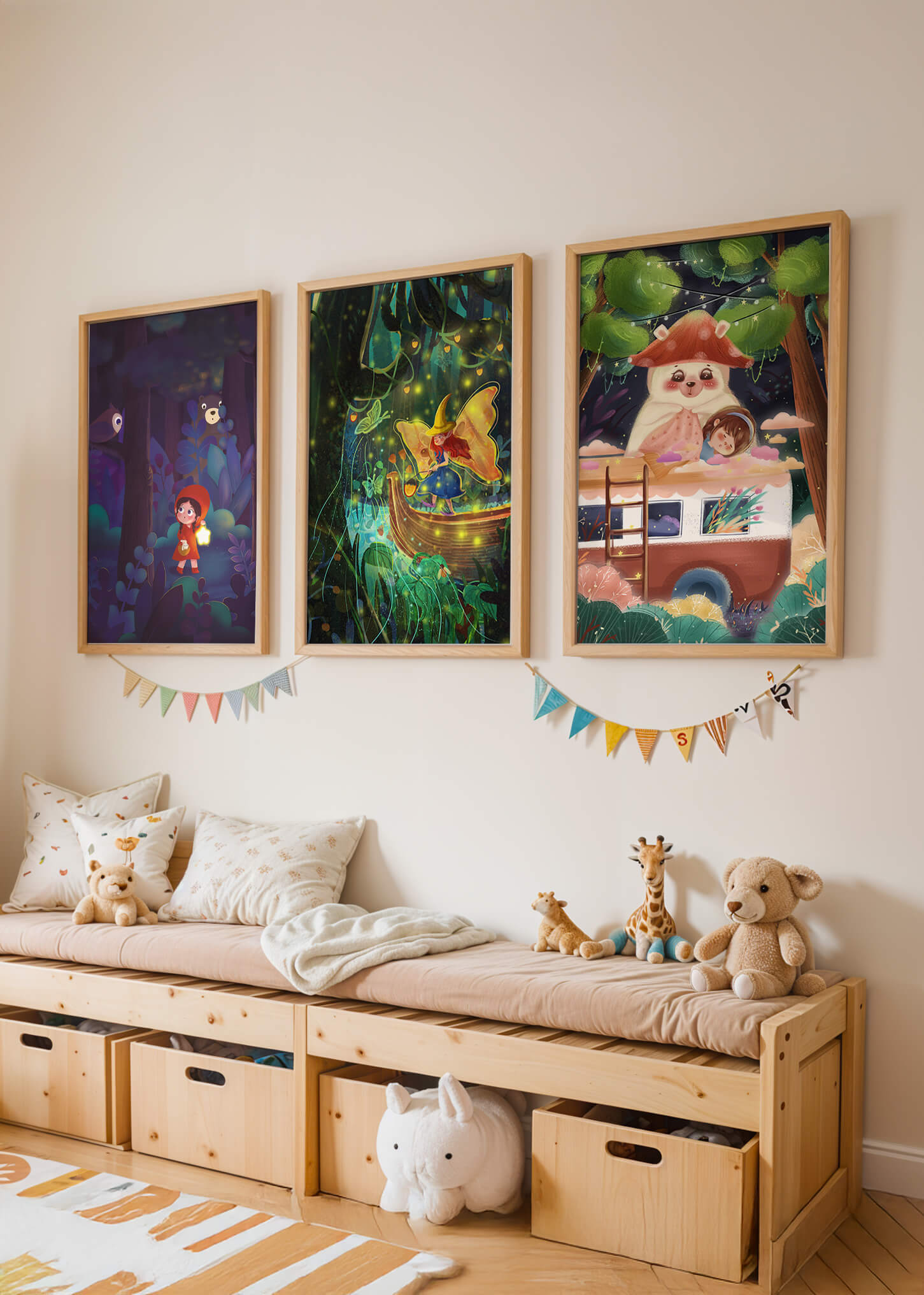 Triptyque d’illustrations fantastiques pour décoration enfantine