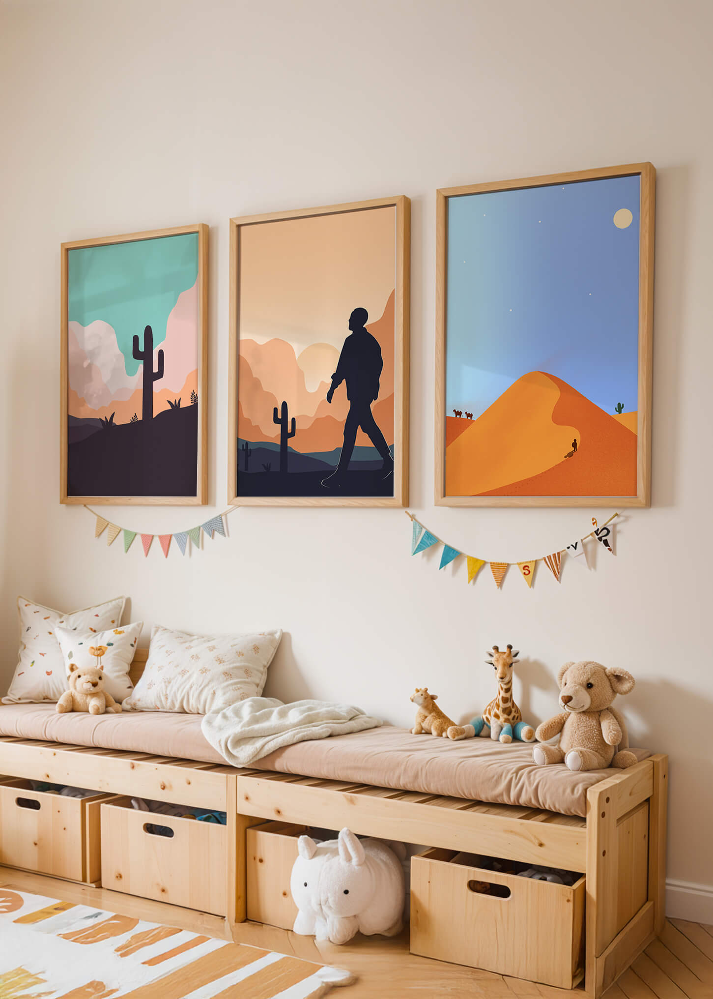 Ensemble d'impressions artistiques de paysages désertiques avec des silhouettes et des cactus
