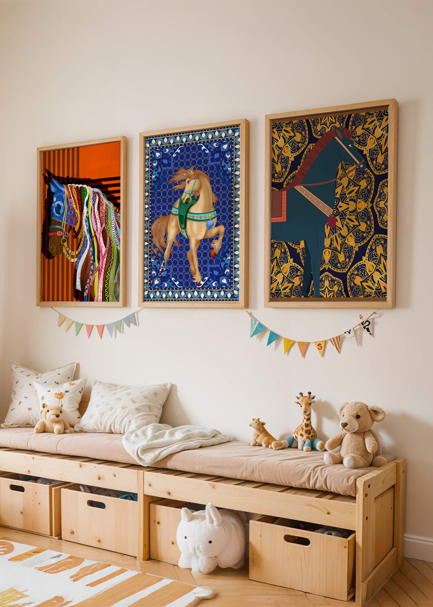 Mur avec trois tableaux de chevaux aux motifs colorés sans cadre