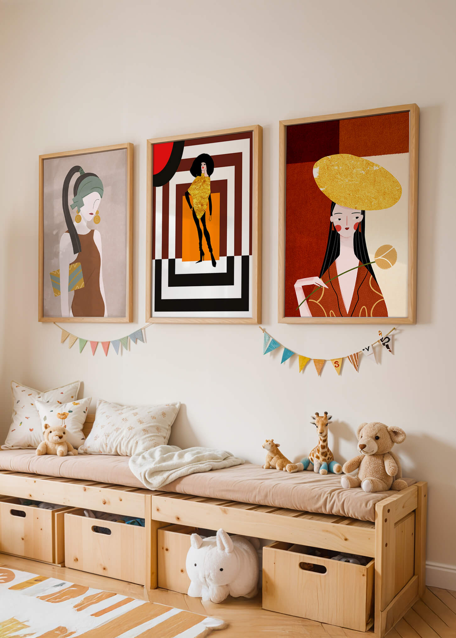 Conjunto De Ilustraciones Modernas Con Elementos Dorados En Pared Sin Marco
