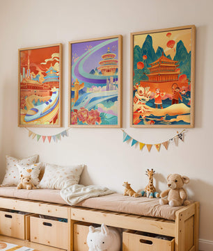 Affiches d’architecture asiatique avec trains et danses traditionnelles