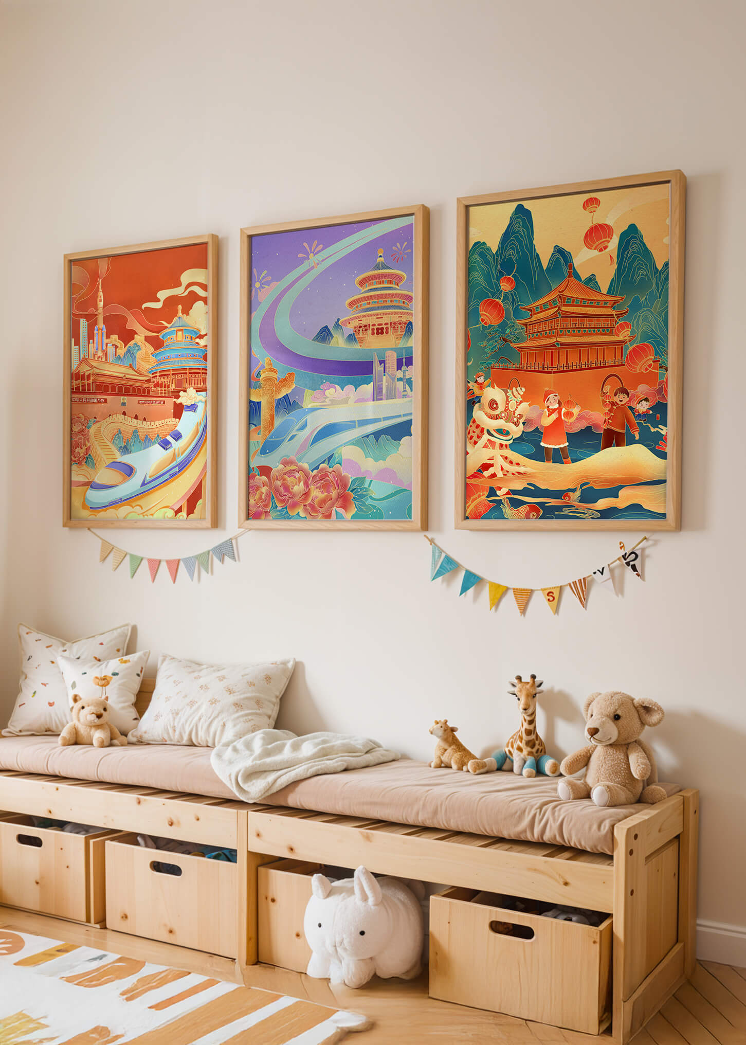 Posters de Arquitectura Asiática con Trenes y Danzas Tradicionales