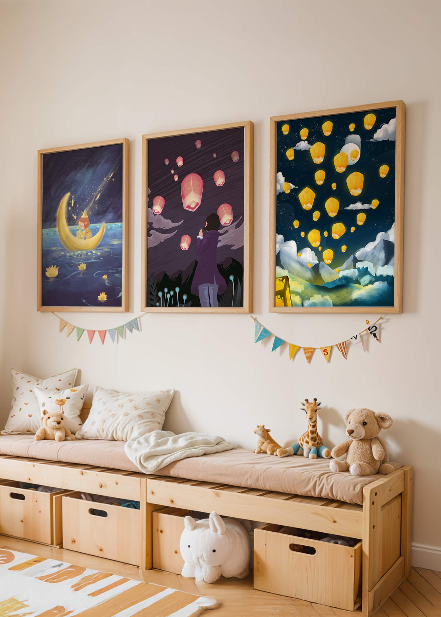 Imágenes Artísticas de Linternas Voladoras en Marcos de Madera