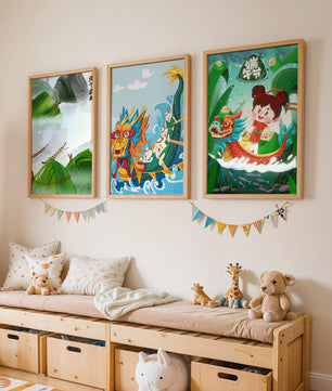 Art pour enfants avec des dragons et des éléments naturels dans un ton joyeux