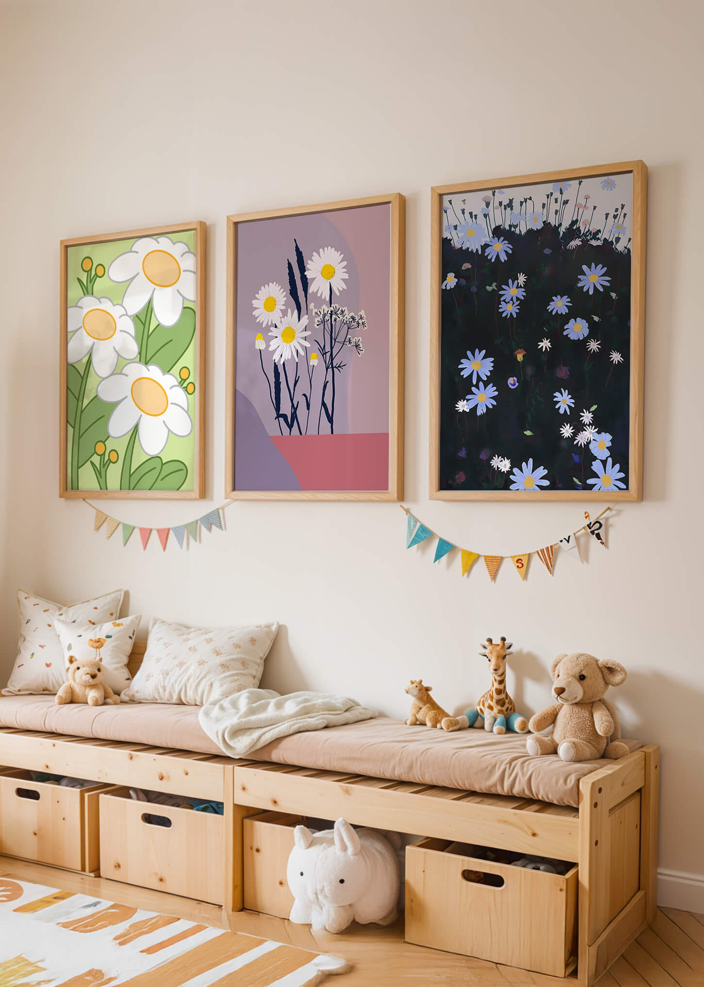 Triptyque d'art floral avec des marguerites en couleurs pastel