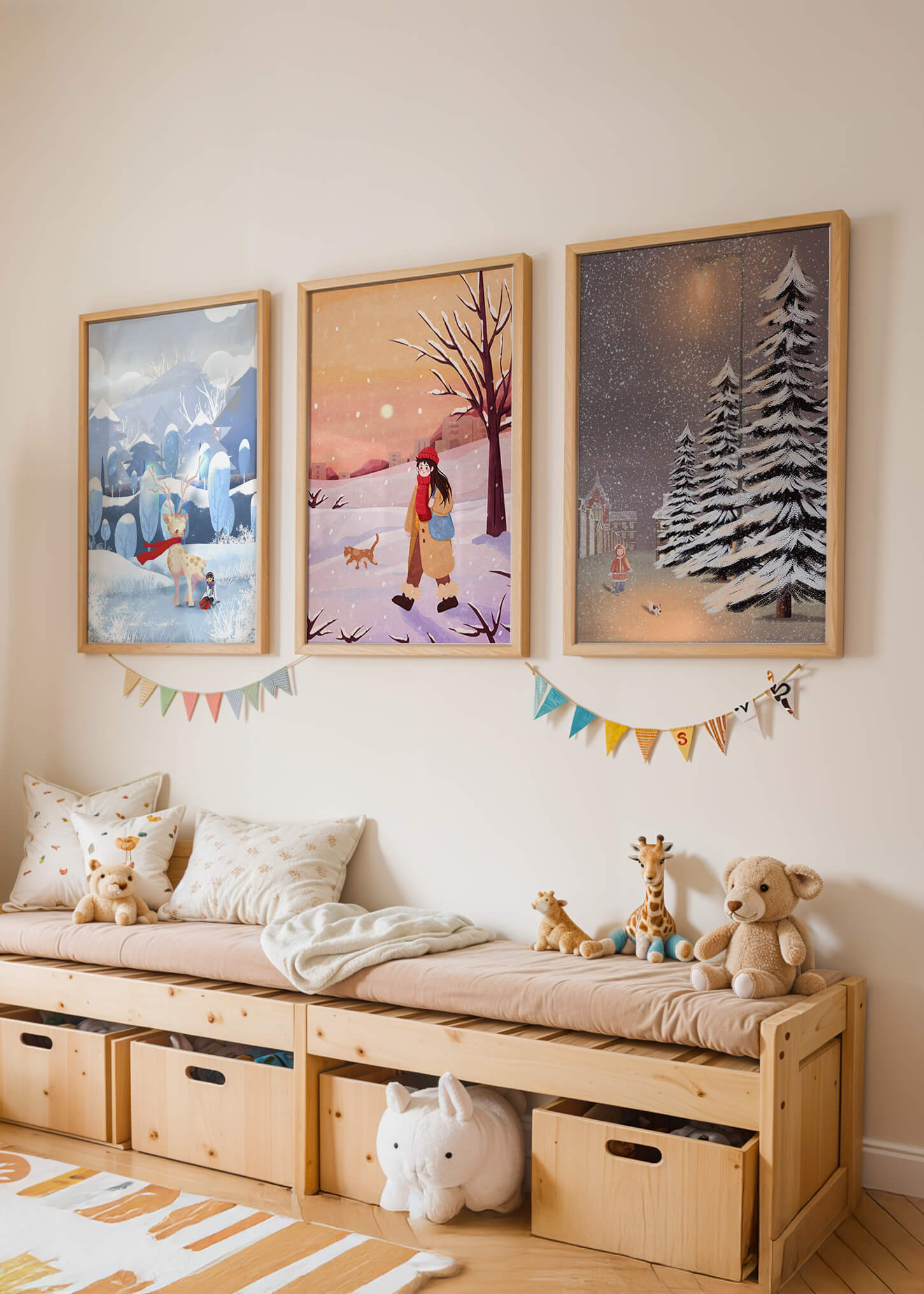 Conjunto de Tres Ilustraciones de Invierno en Tonos Cálidos y Fríos