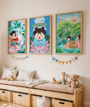 Trois illustrations d'enfants dans un style asiatique avec des éléments de la nature