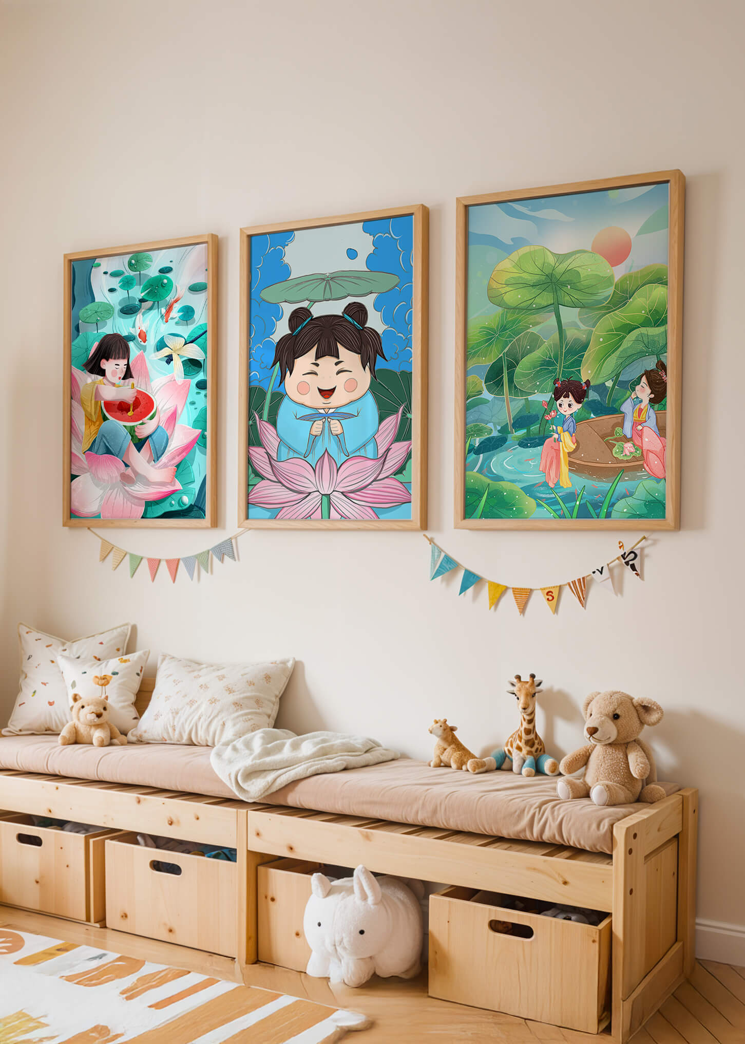 Trois illustrations d'enfants dans un style asiatique avec des éléments de la nature