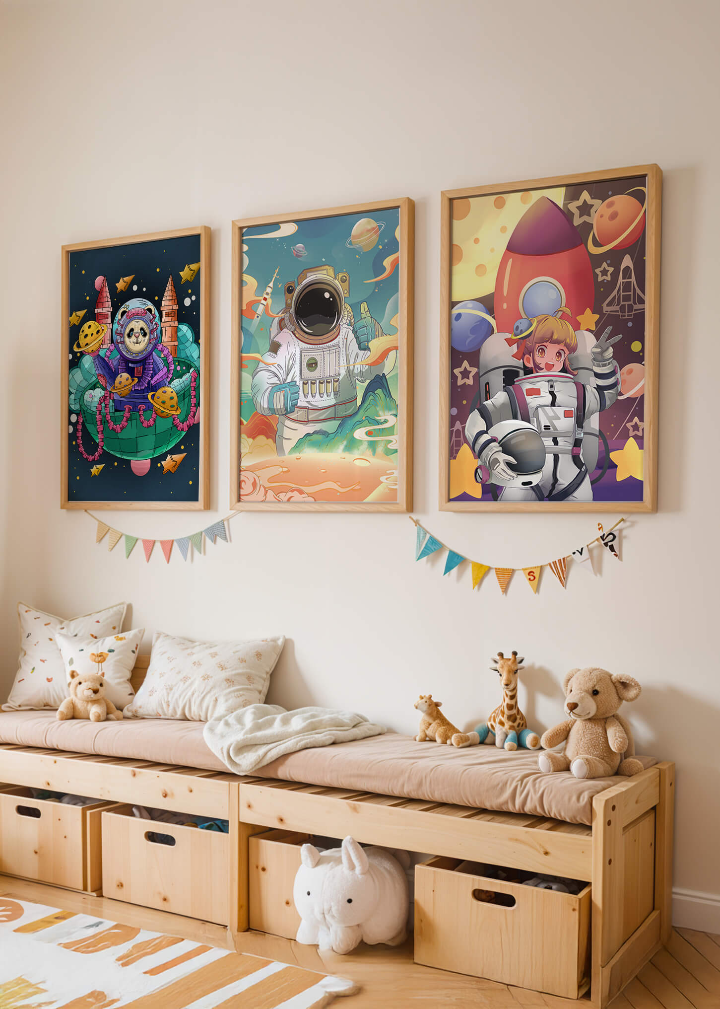 Coloridos diseños espaciales con temática de astronautas
