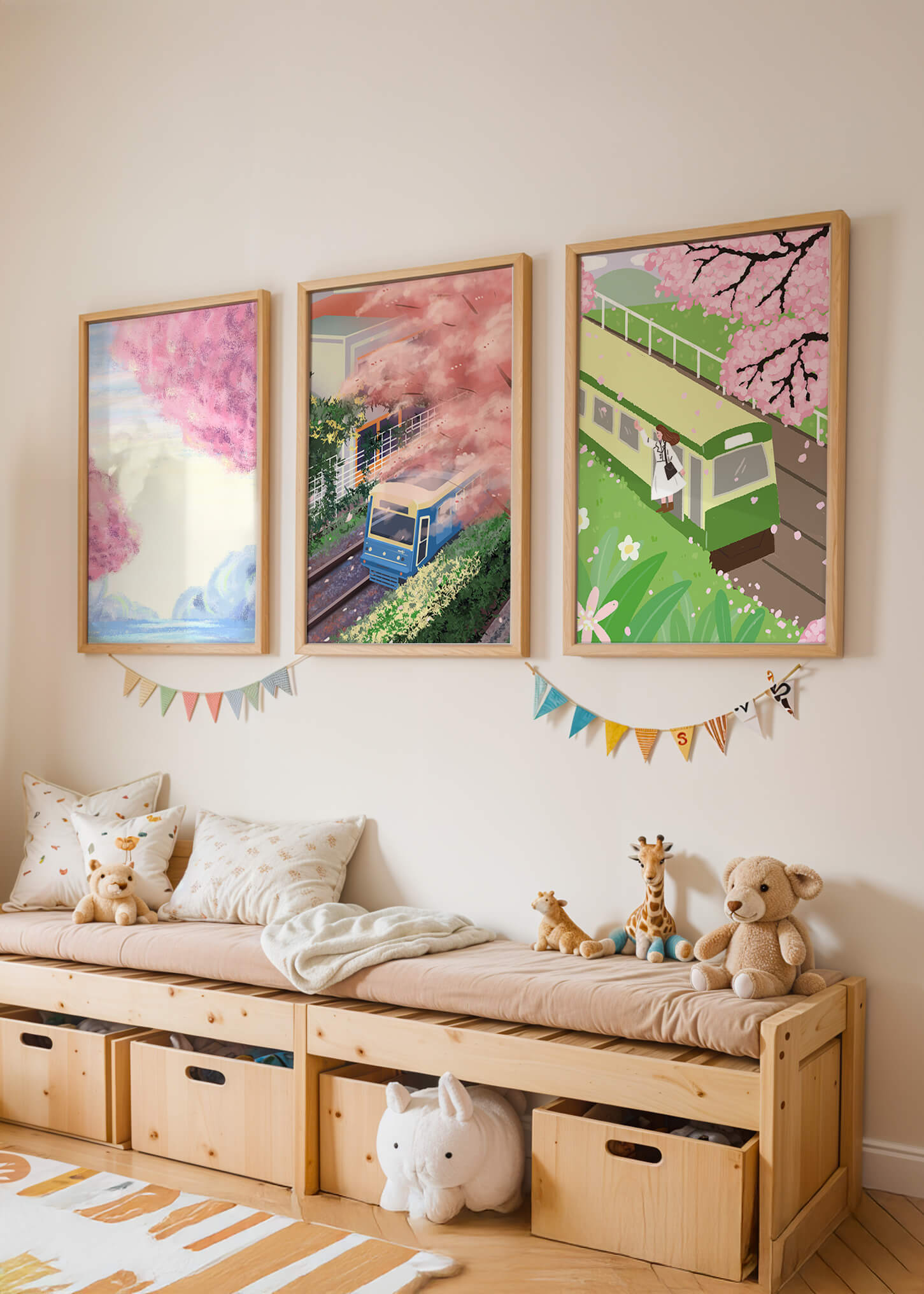 Ensemble de trois tableaux avec des paysages de cerisiers et des trains