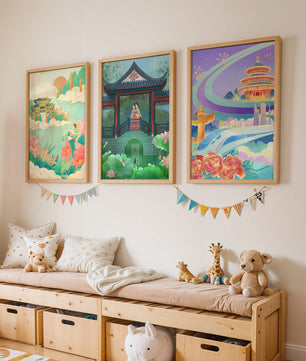 Asiatische Illustrationen mit floralen und architektonischen Elementen