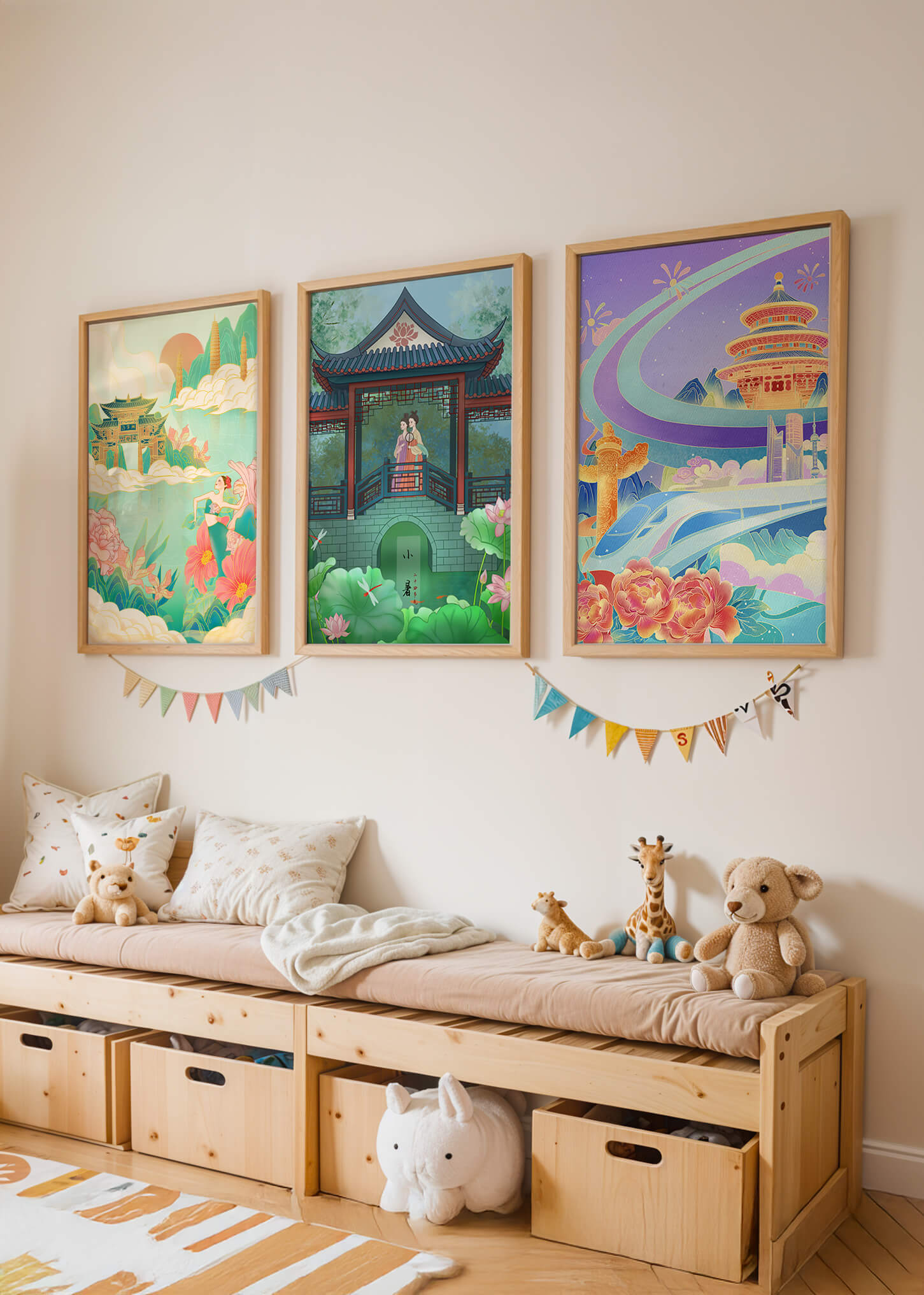 Asiatische Illustrationen mit floralen und architektonischen Elementen