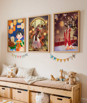 Art décoratif de style asiatique avec des lanternes et des personnages en vêtements traditionnels