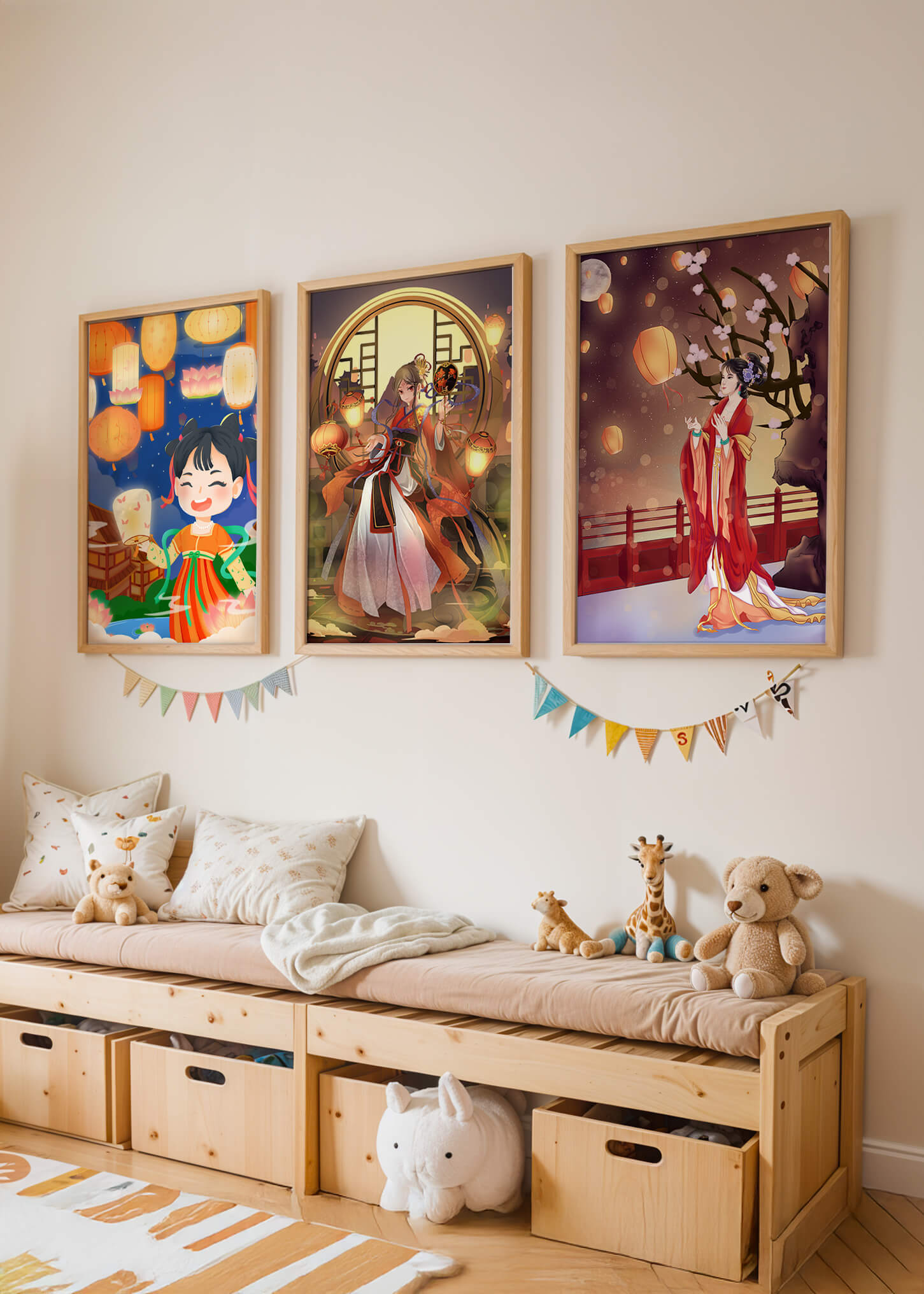 Art décoratif de style asiatique avec des lanternes et des personnages en vêtements traditionnels