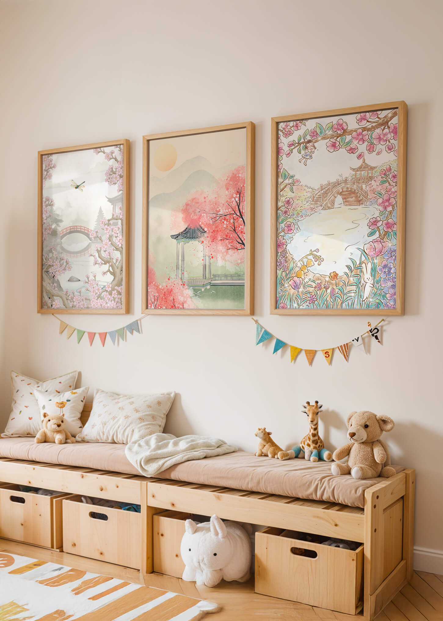 Tríptico Oriental de Paisajes en Tono Pastel