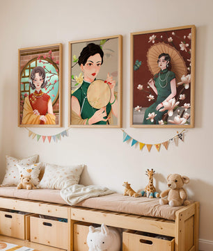Cuadros Decorativos con Mujeres y Motivos Florales Asiáticos