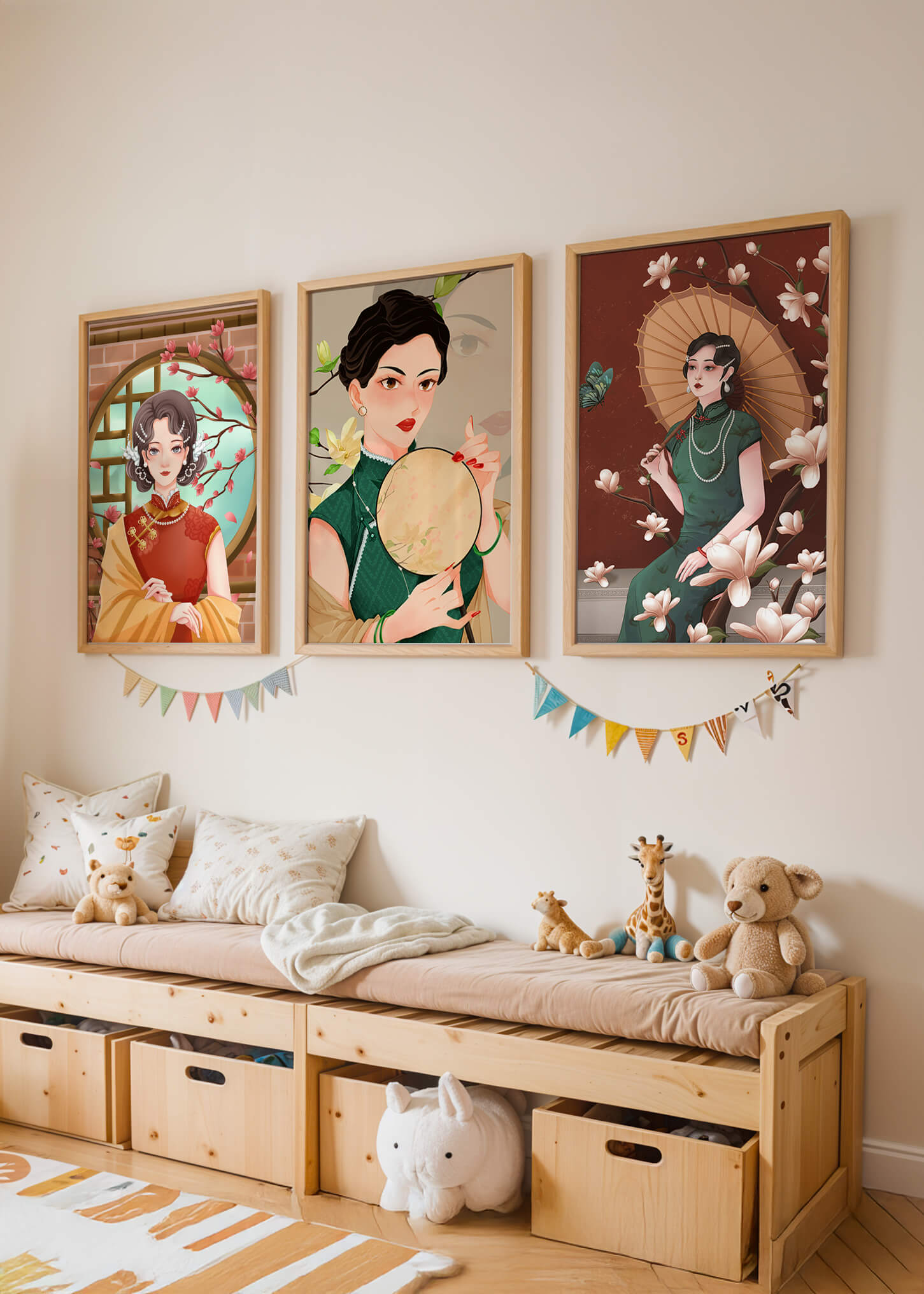 Cuadros Decorativos con Mujeres y Motivos Florales Asiáticos