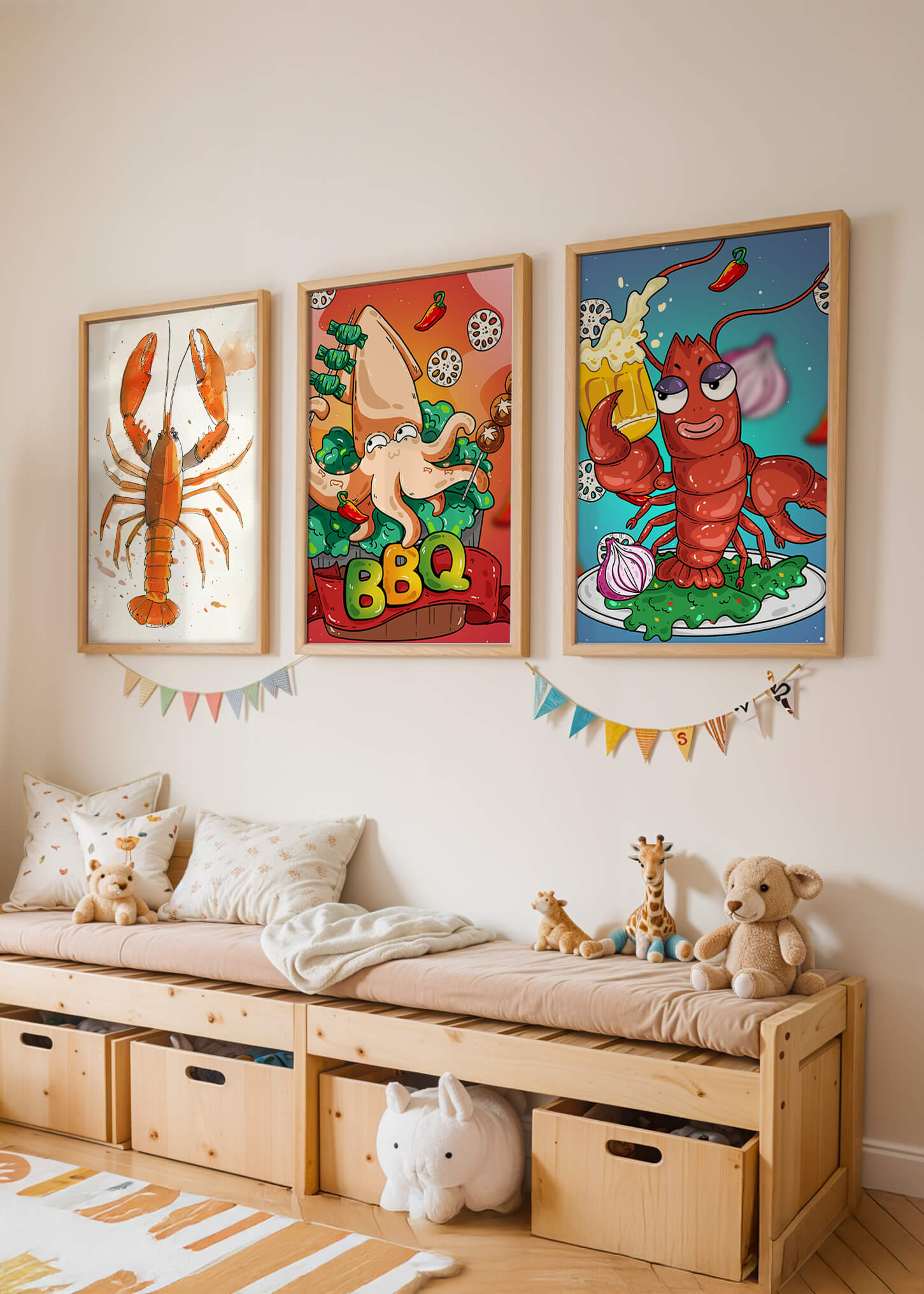 Affiches de fruits de mer amusants dans un style illustratif