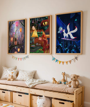 Triptyque d’art fantastique avec des illustrations colorées et oniriques