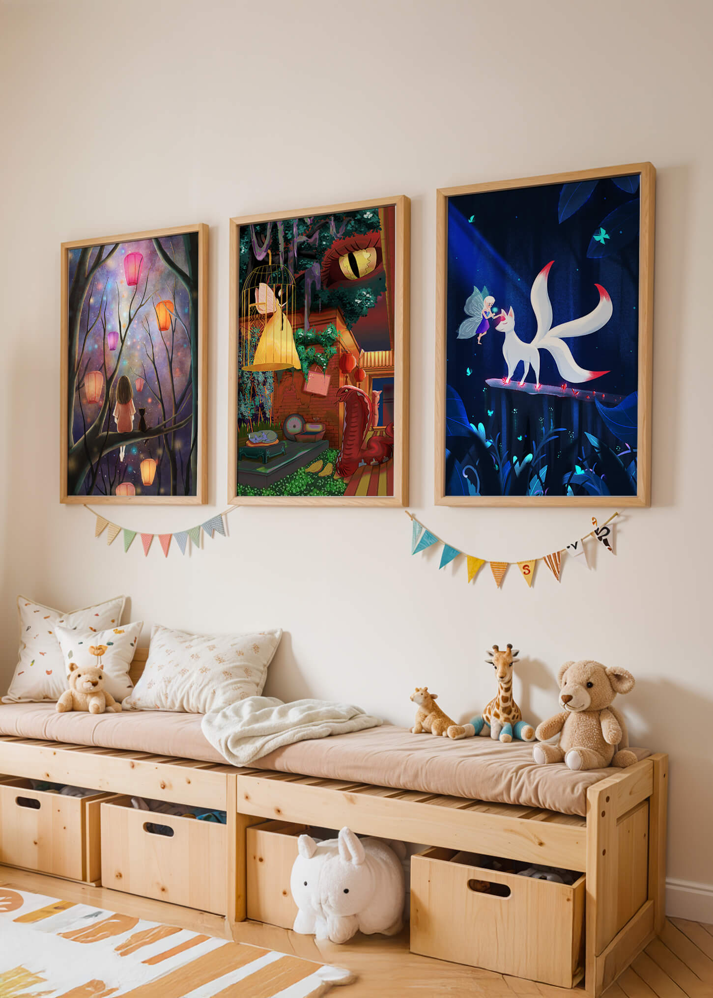 Triptyque d’art fantastique avec des illustrations colorées et oniriques