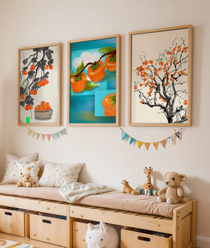 Tableaux avec motifs de kakis dans des tons orange et bleu