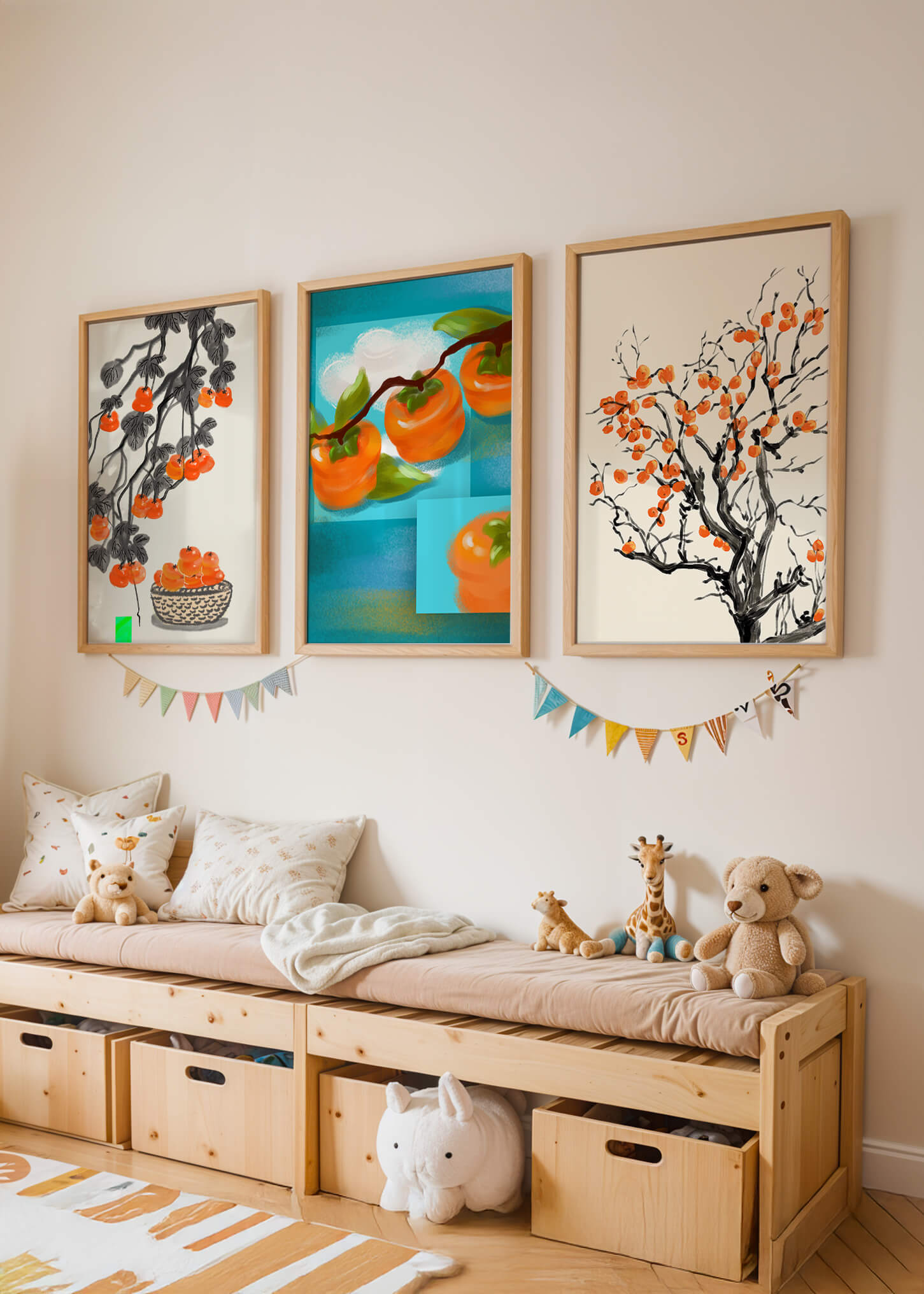 Cuadros Con Motivos De Caquis En Tonos Naranjas Y Azules