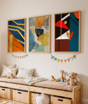 Conjunto De Tres Obras De Arte Geométrico Con Elementos Dorados Y Colores Vivos