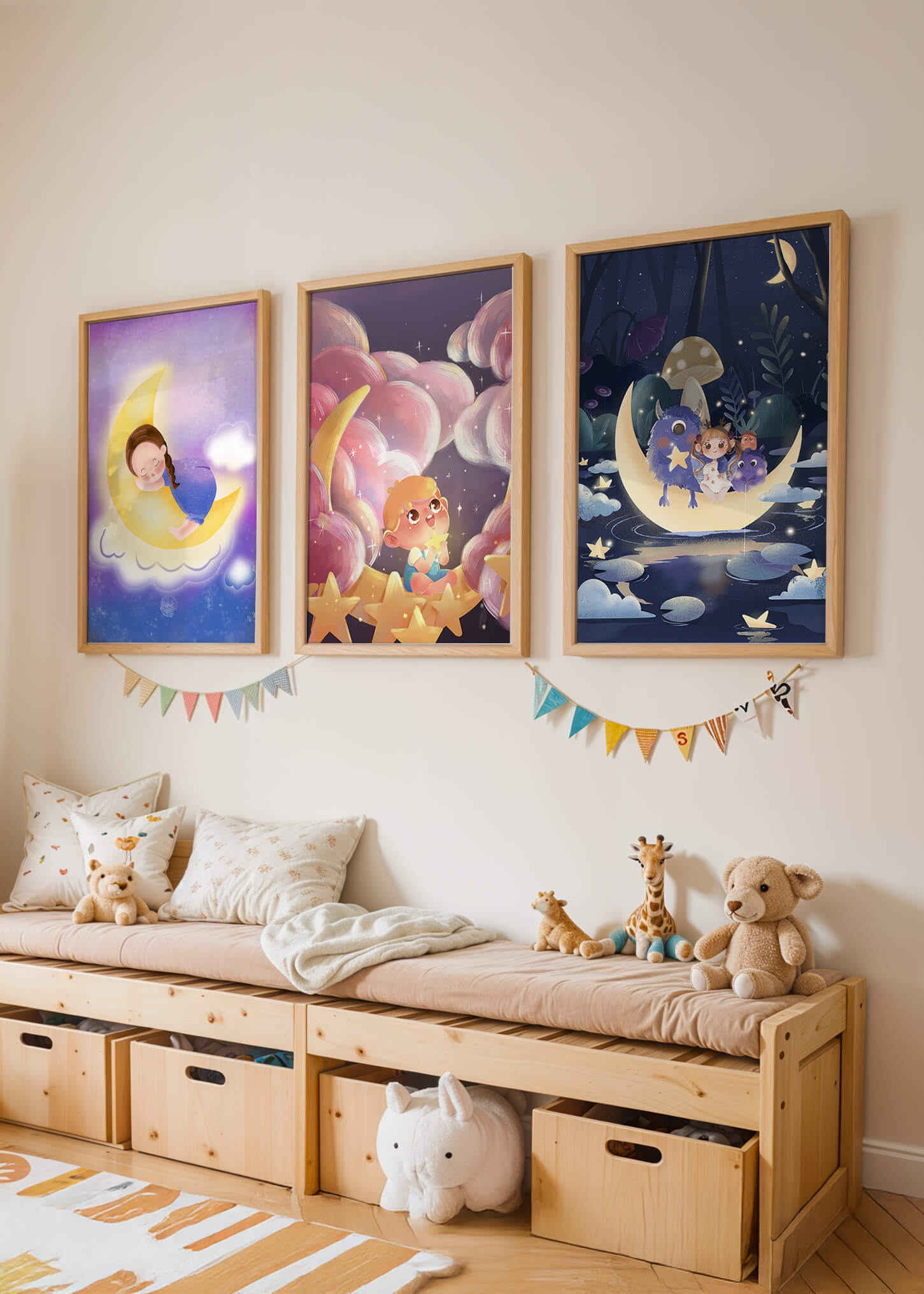 Conjunto De Cuadros Infantiles Con Luna Y Estrellas