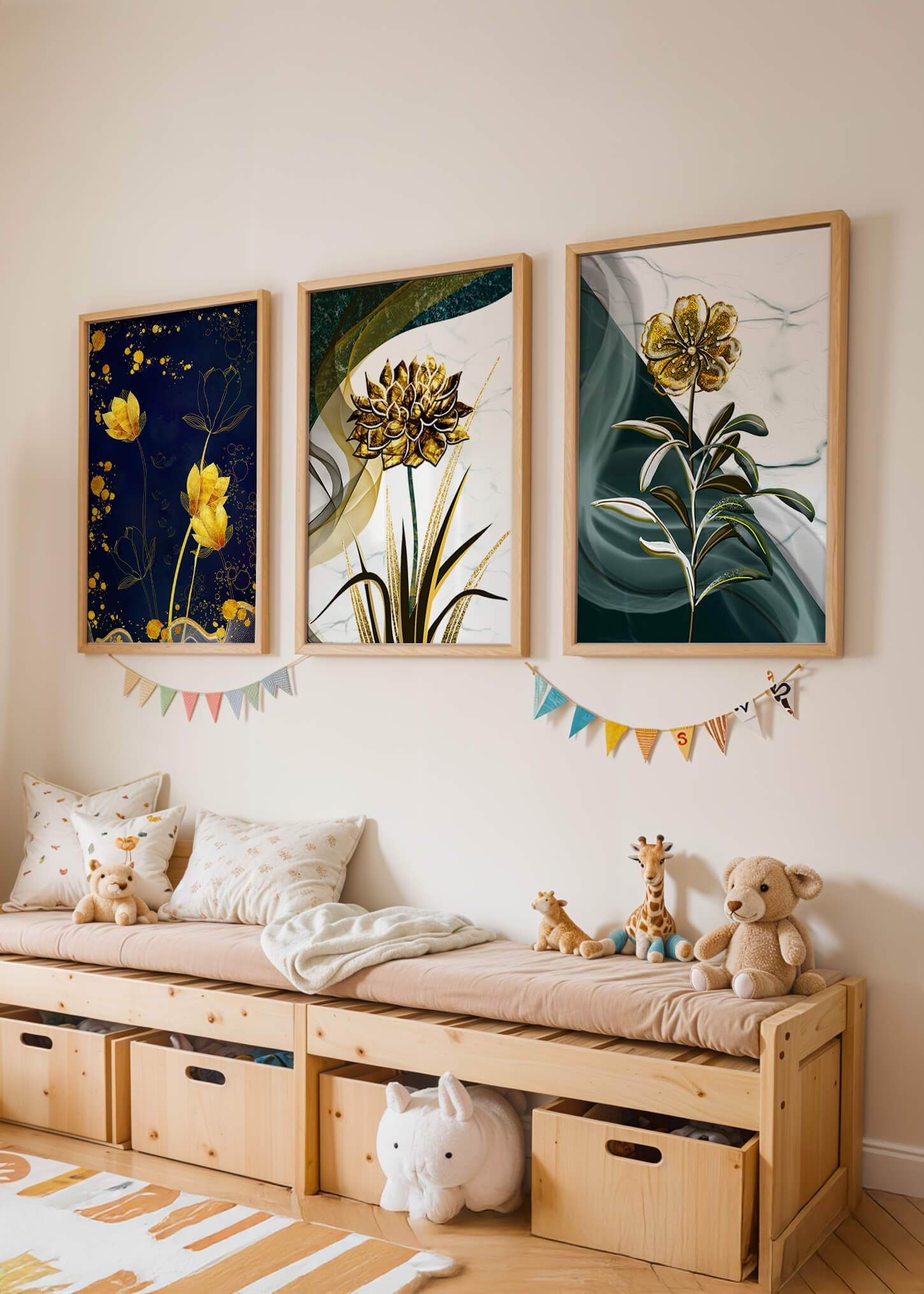 Decoración de Pared con Flores Doradas sobre Fondos Artísticos