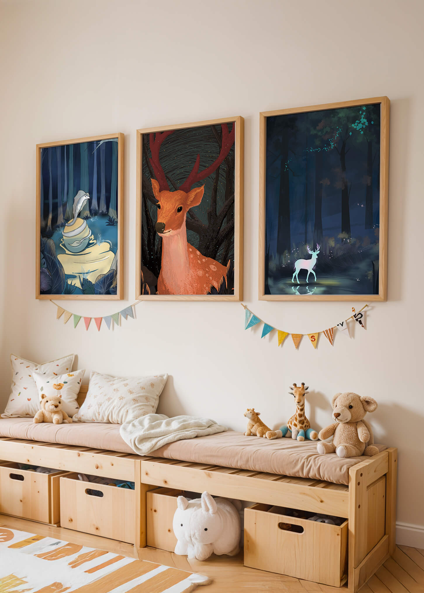 Tríptico De Animales En El Bosque Con Impresión Artística