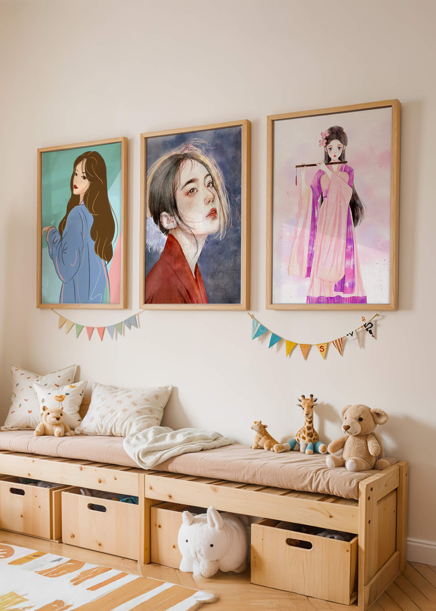 Tríptico de retratos femeninos en estilo moderno