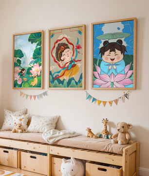 Ensemble d’illustrations de personnages adorables et de motifs floraux dans des tons vibrants