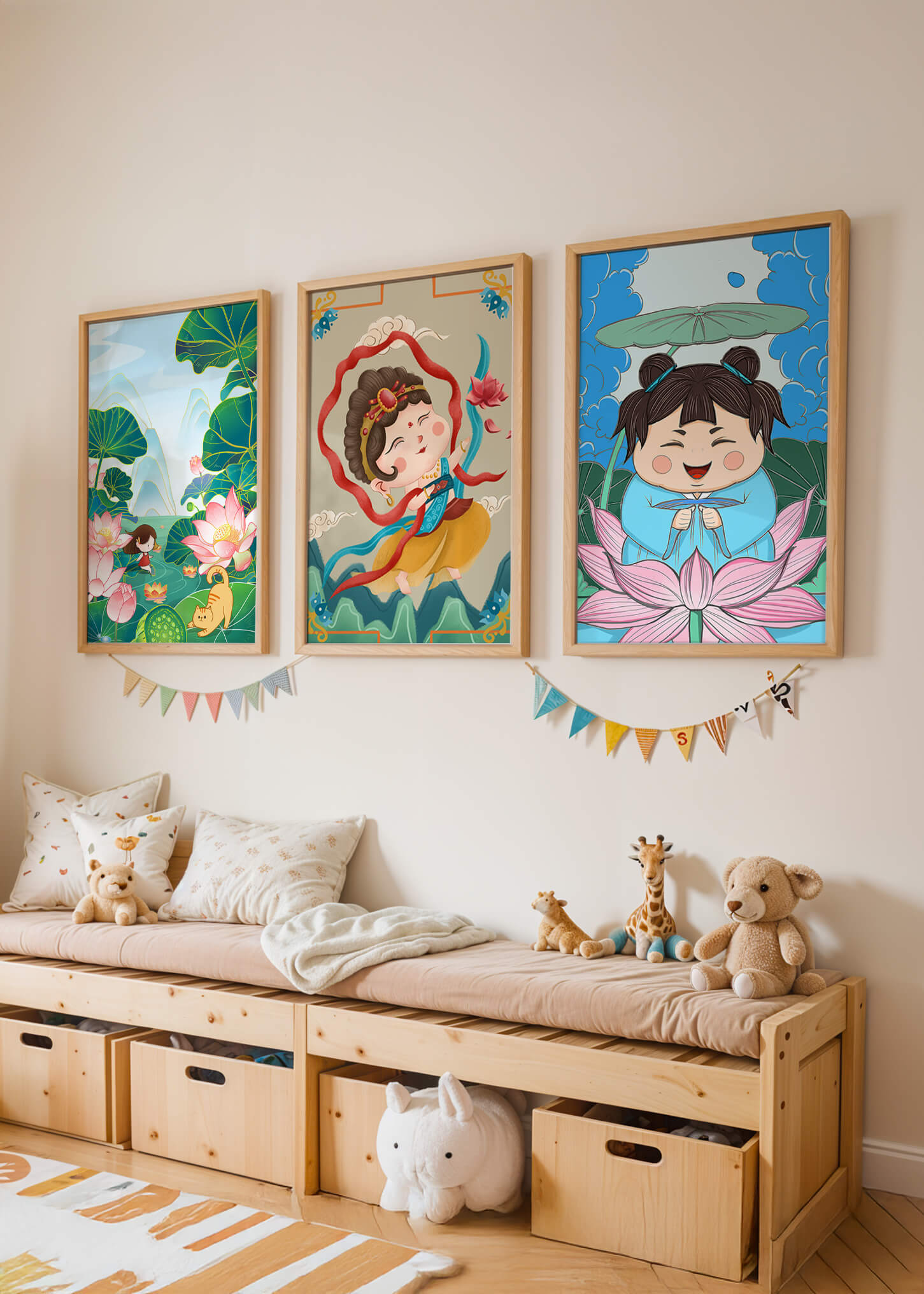 Ensemble d’illustrations de personnages adorables et de motifs floraux dans des tons vibrants