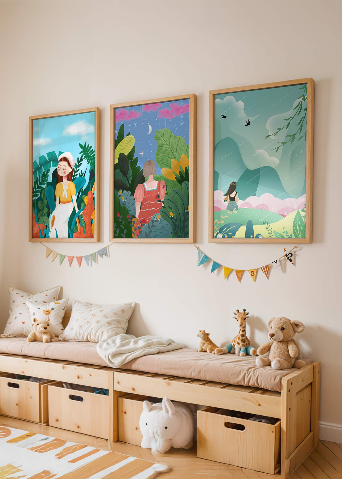 Conjunto De Tres Obras De Arte Coloridas Con Paisajes Naturales Y Figuras Humanas