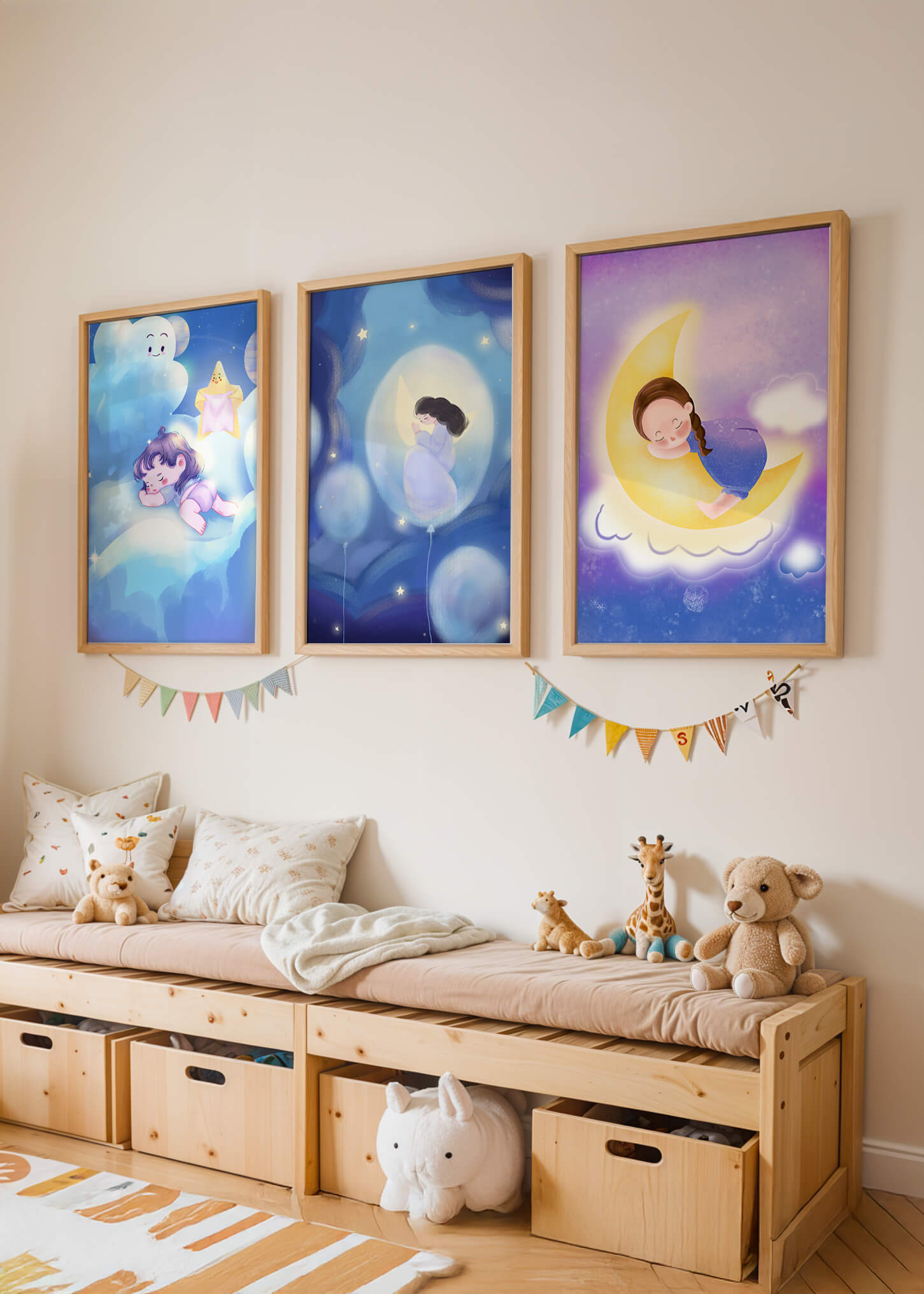 Images enfantines de rêves en couleurs pastel avec lune et nuages