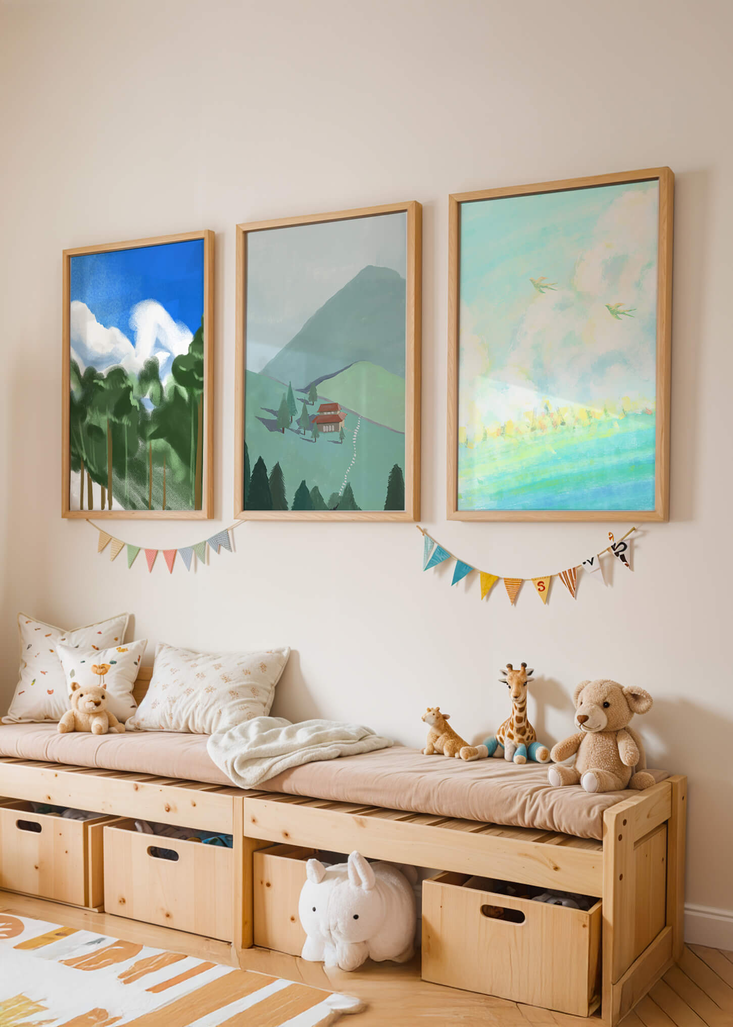 Jeu de trois œuvres d'art de paysage moderne sans cadre