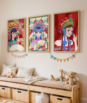 Bunte Postermotive im asiatischen Stil für modernes Interieur