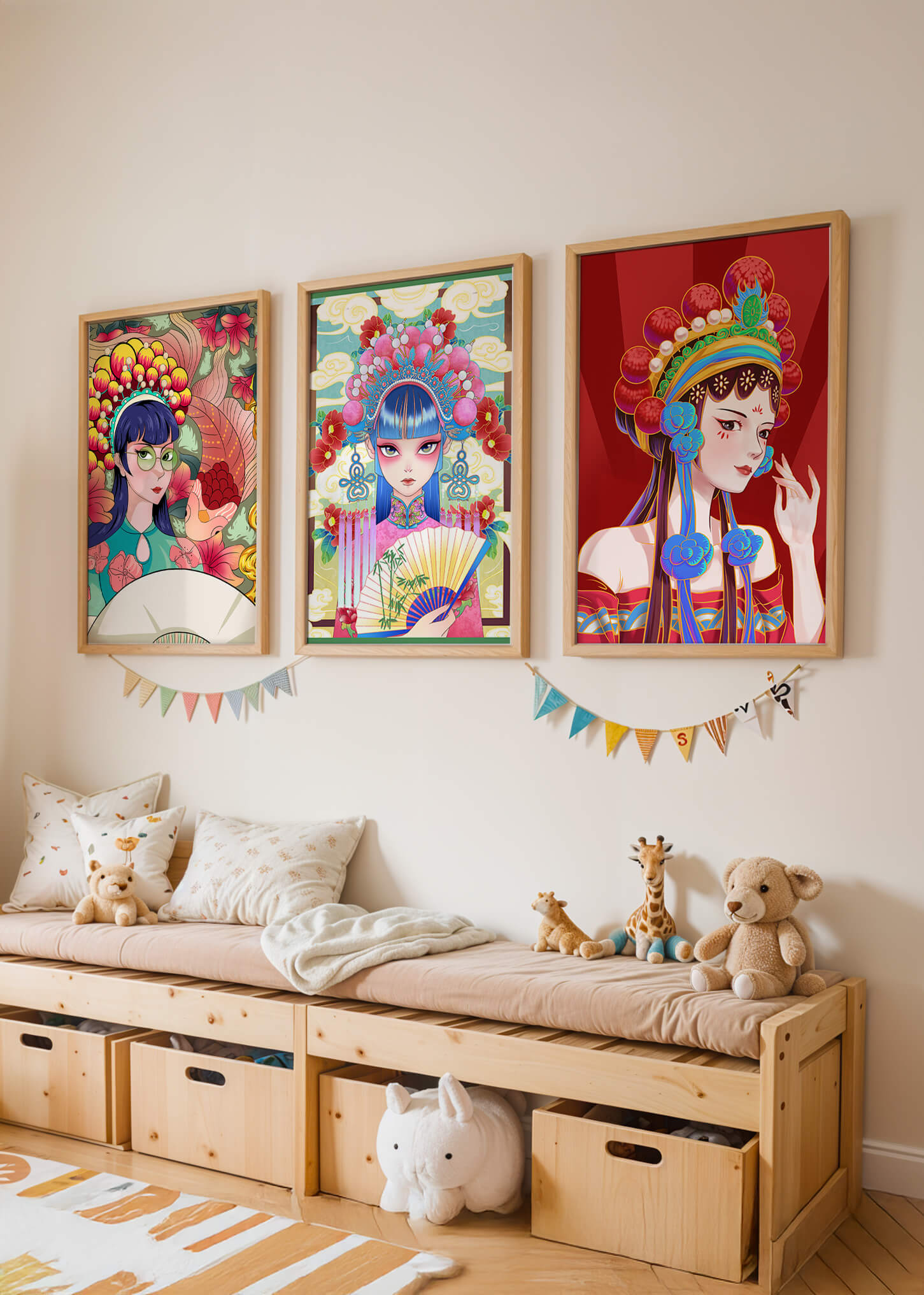 Bunte Postermotive im asiatischen Stil für modernes Interieur
