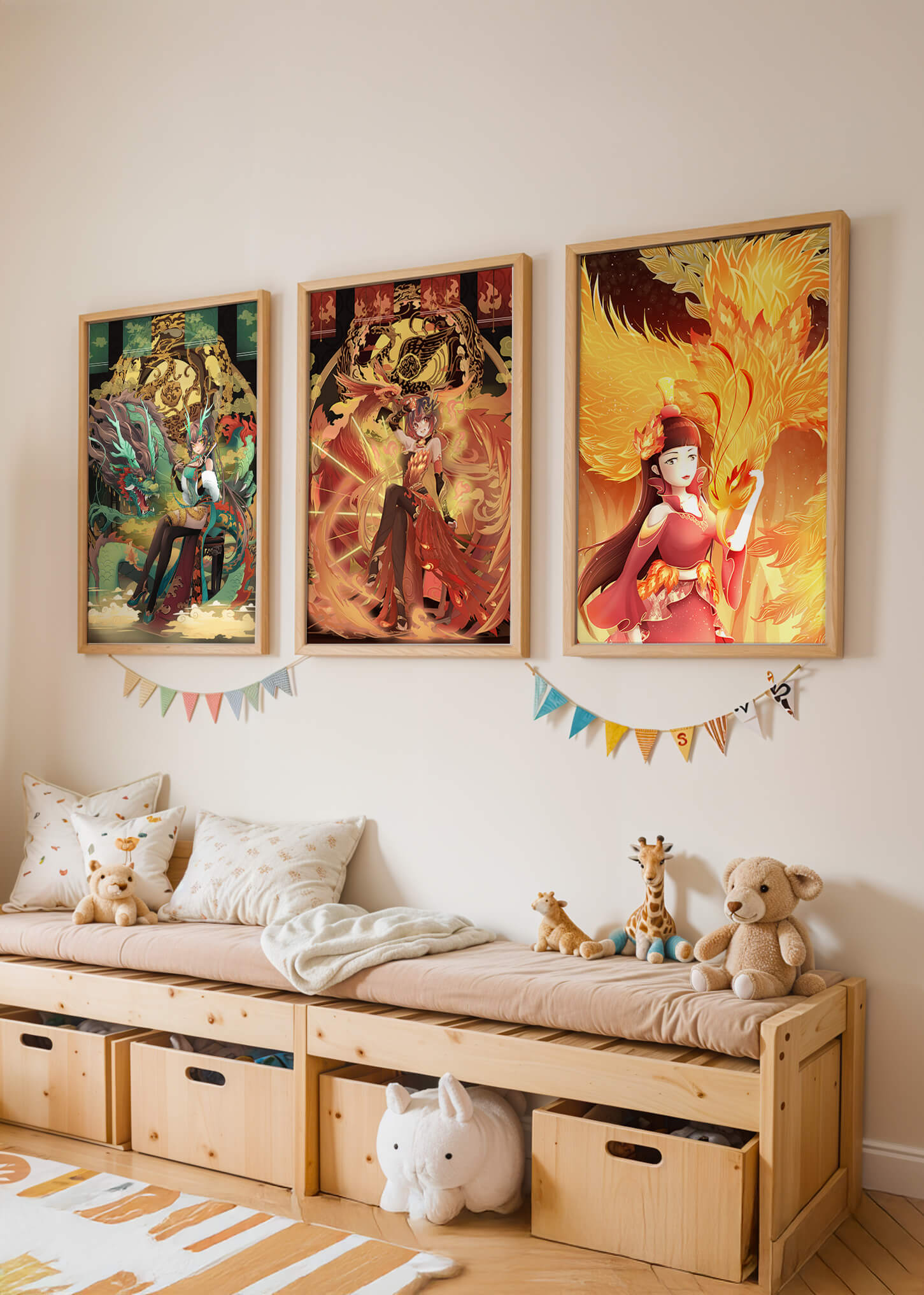 Fantasievolle Illustrationen mit mythologischen Motiven in leuchtenden Farben