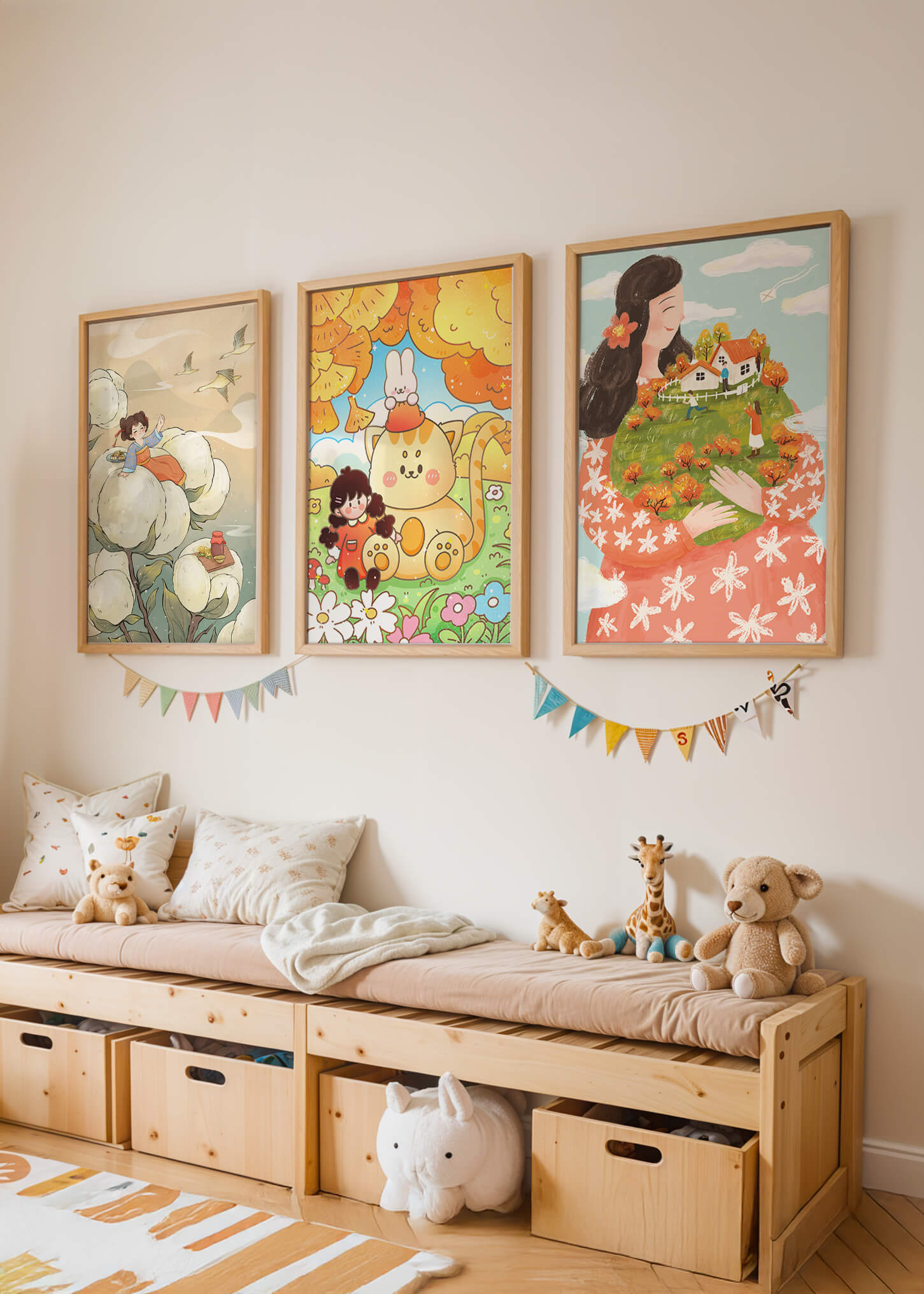 Art coloré pour enfants avec des dessins d'enfants et d'animaux dans des cadres en bois