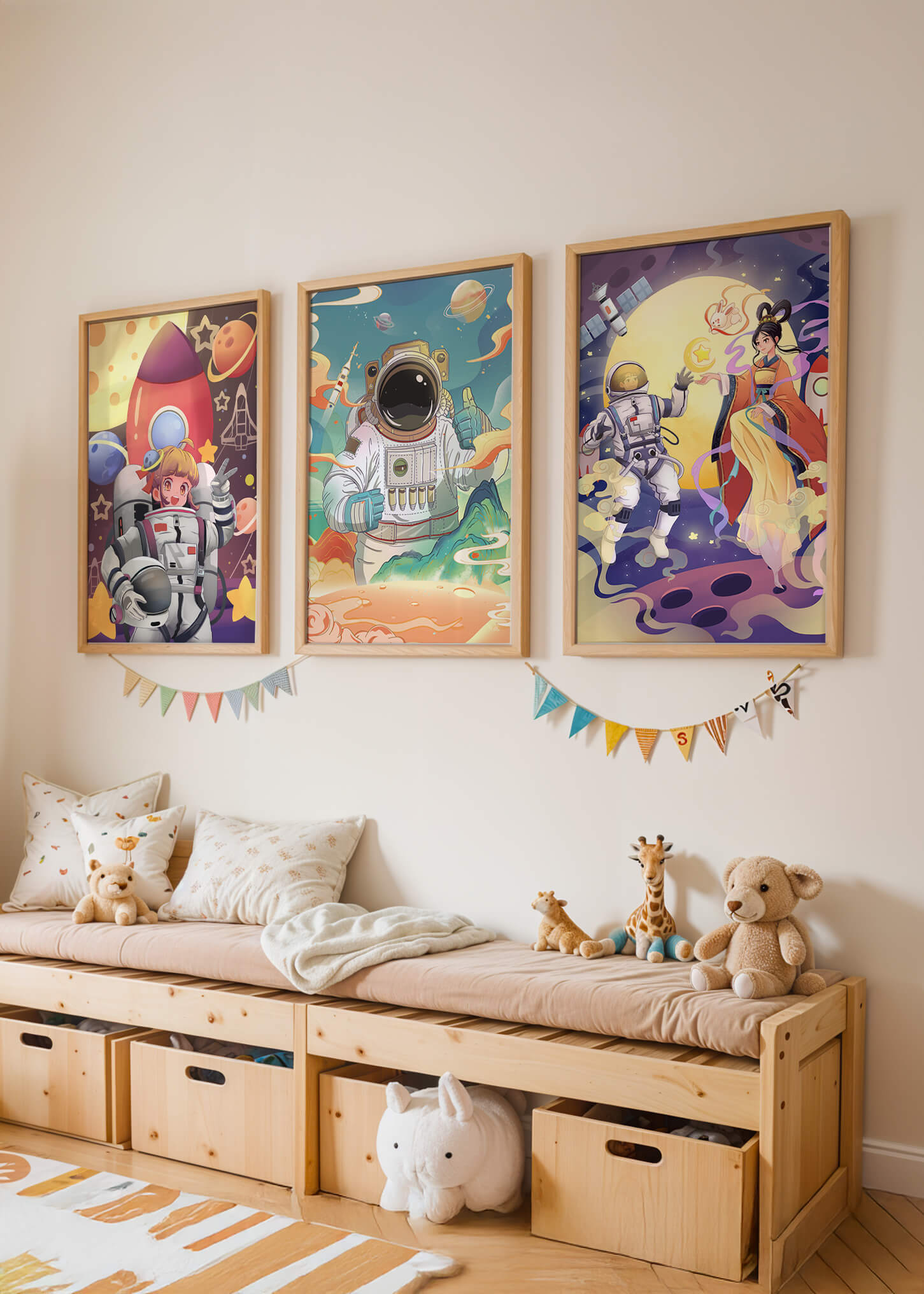 Bunte Weltraumszenen mit Astronautenfiguren und fantastischen Landschaften