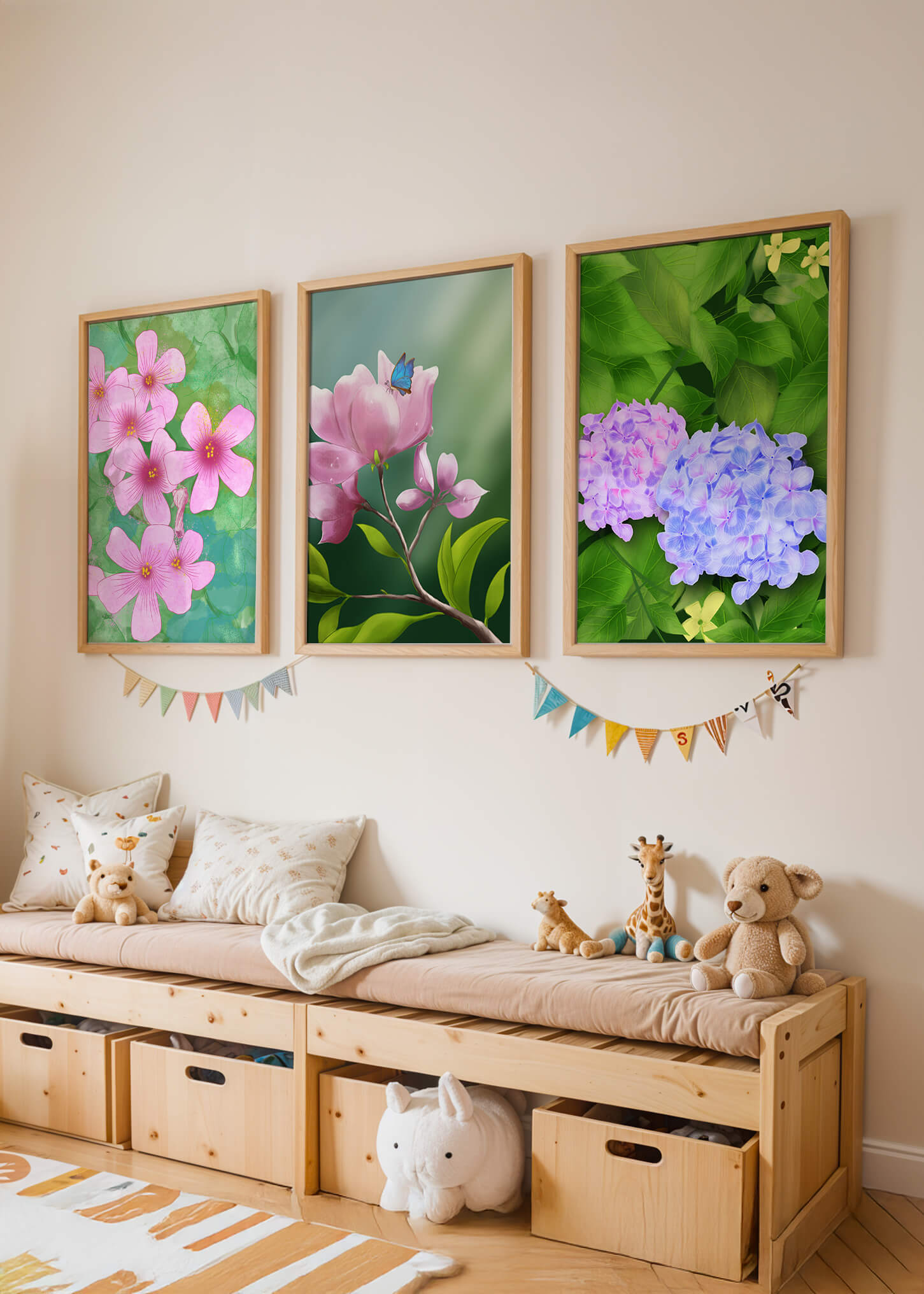 Ensemble de tableaux avec fleurs roses, papillon et hortensias