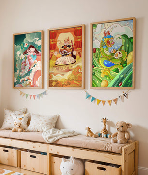 Tableaux pour enfants au style animé avec des personnages et des dragons