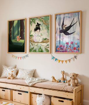Set de impresiones artísticas infantiles en un espacio luminoso