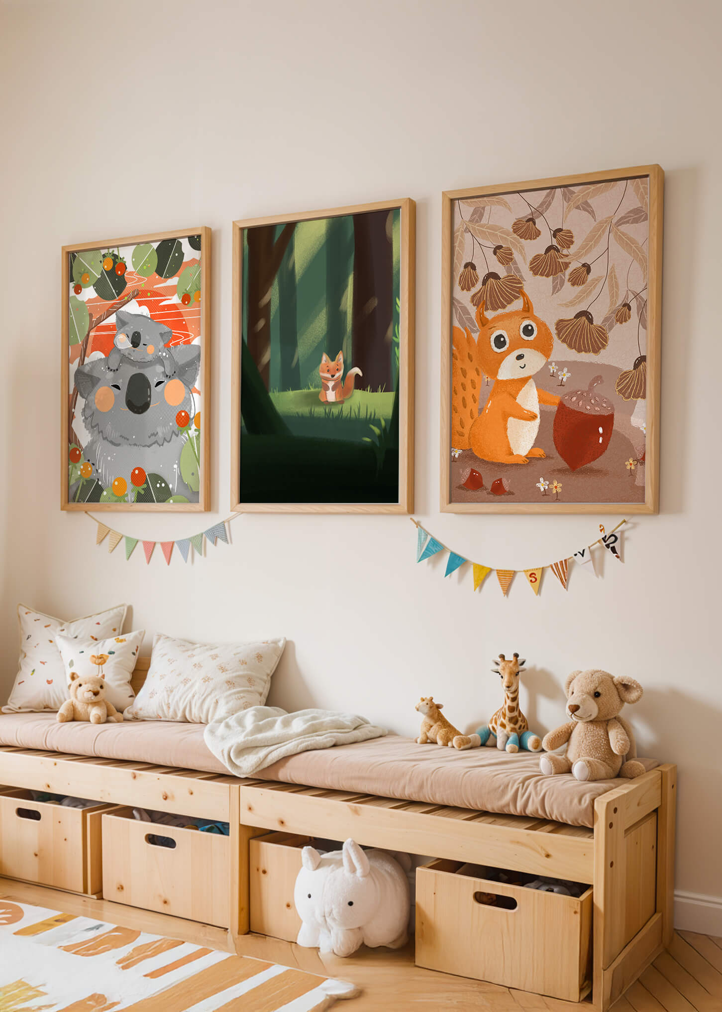 Tríptico de Animales del Bosque en Estilo Infantil