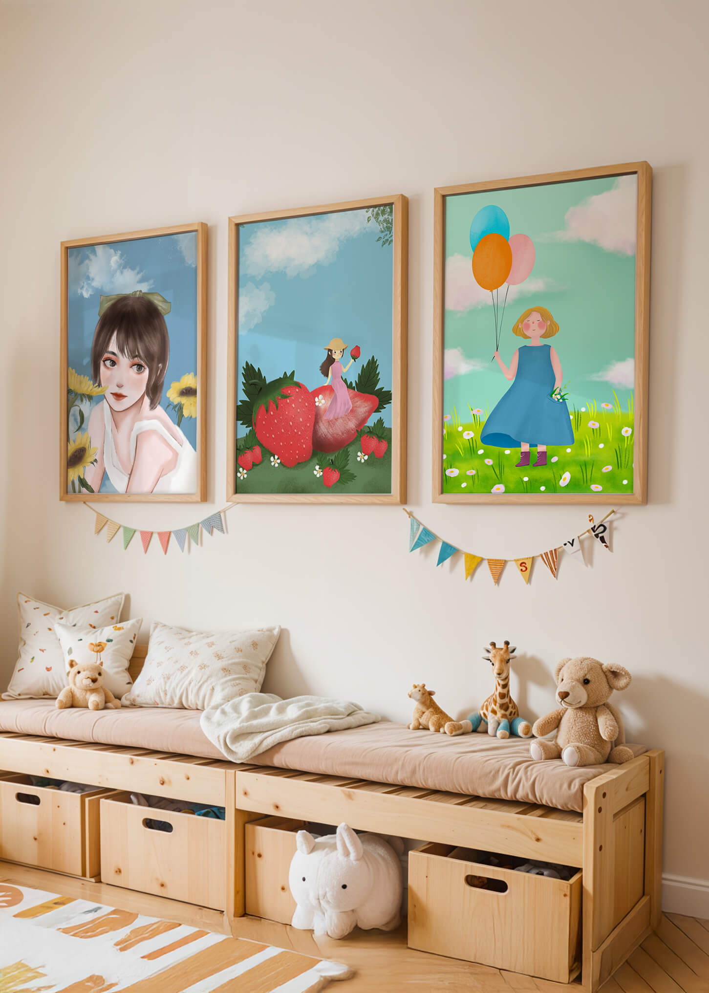 Tríptico de Ilustraciones en Marcos de Madera