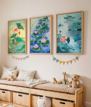 Triptyque d'aquarelles de fleurs de lotus au design moderne
