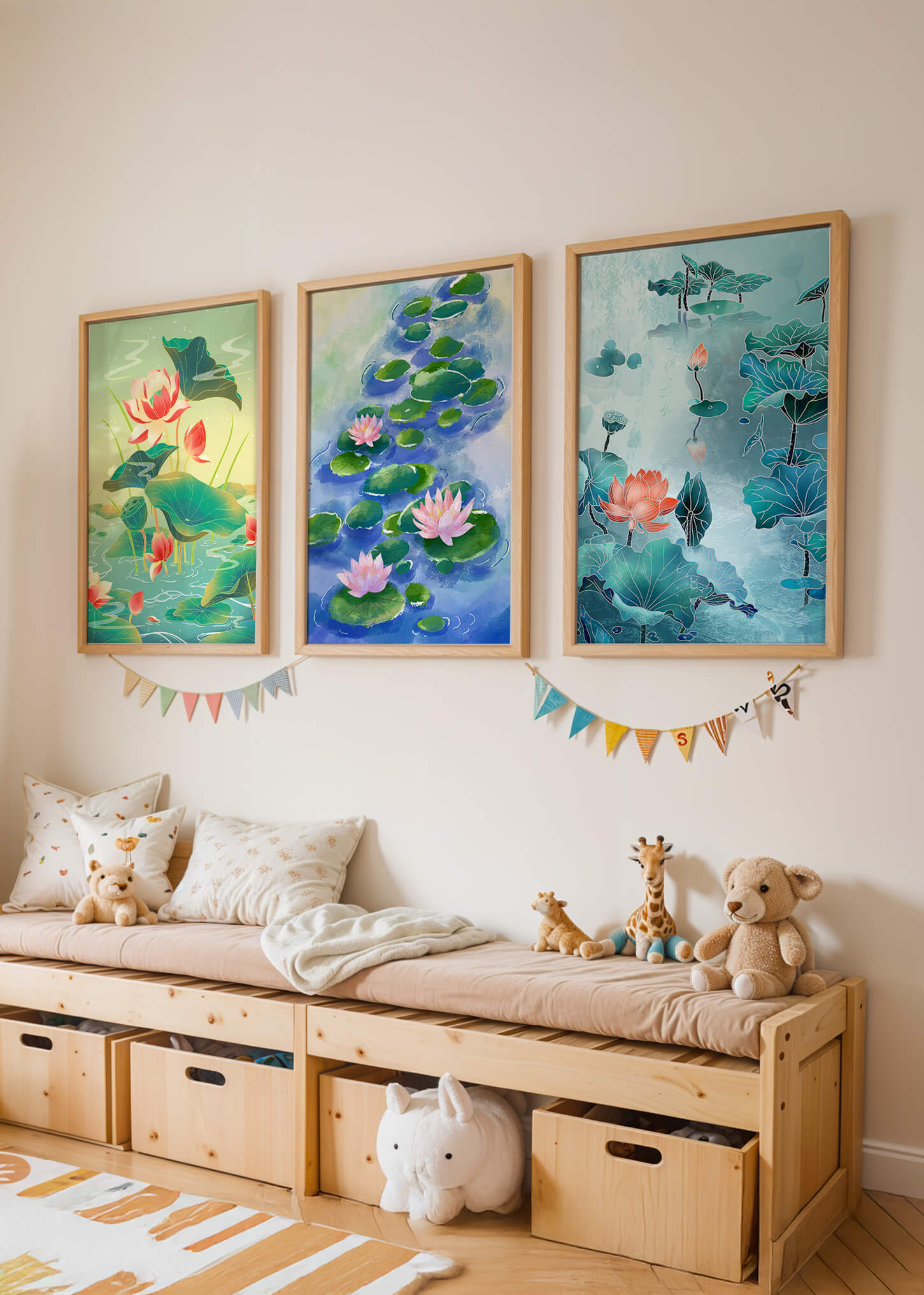 Tríptico de acuarelas de flores de loto en diseño moderno