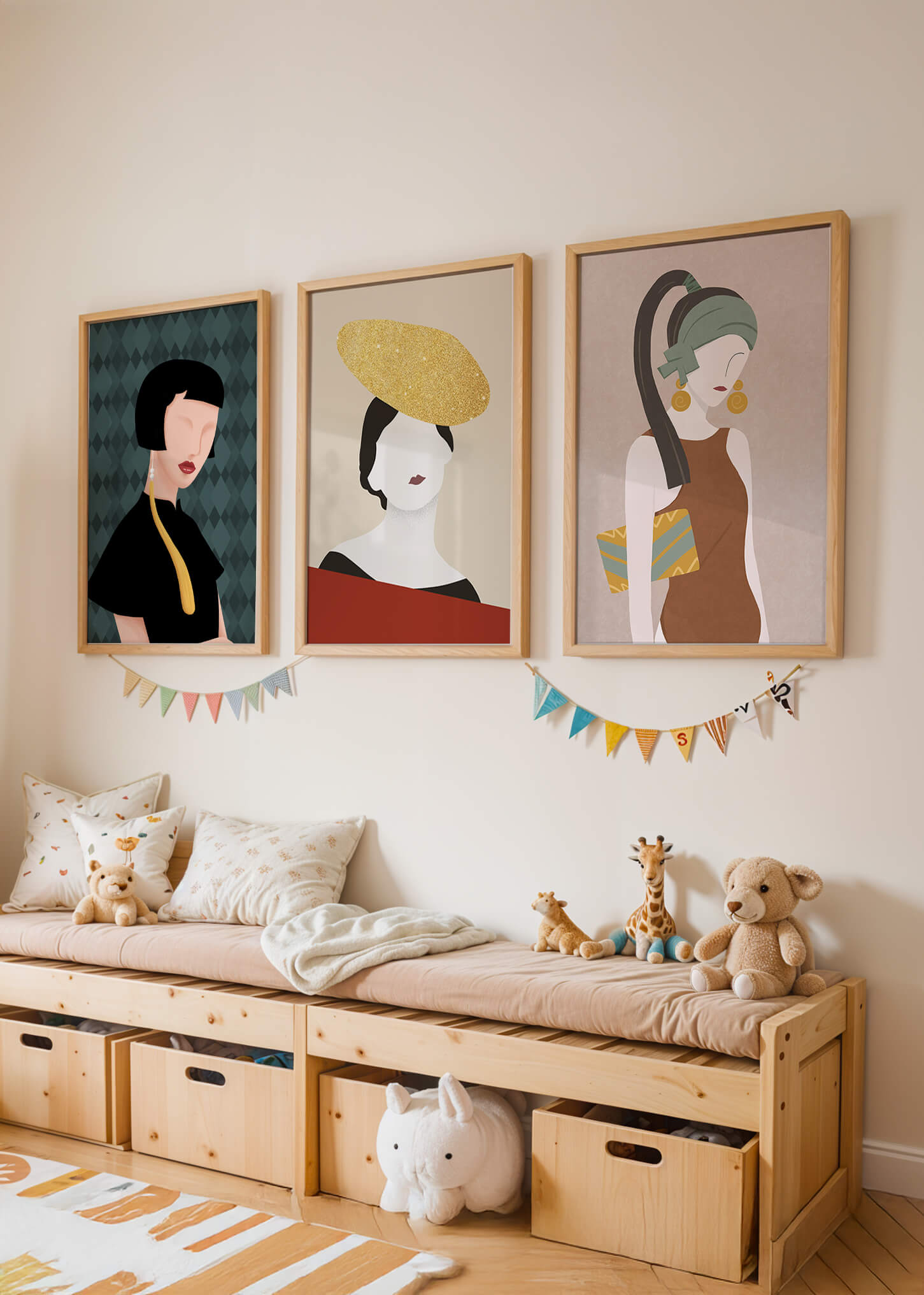 Trio de portraits modernes avec lignes douces et chapeaux exubérants